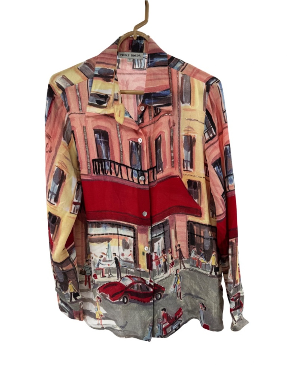 Nicole Taylor M 100% silk beaded cityscape Printed vintage Button-Down Shirt